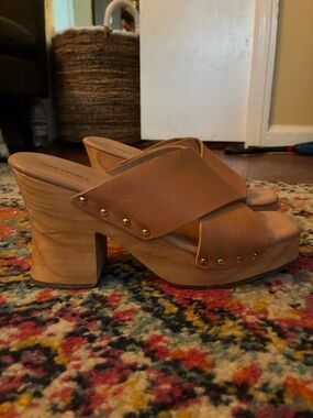 Free People Cognac Leather Crossover Platform Mules